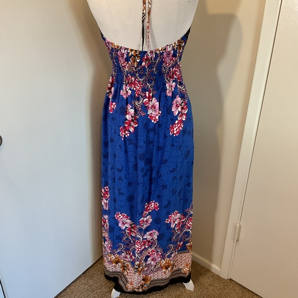 NWT La La Muse Blue Black Floral Strapless Halter Maxi Dress Size XL Boho Chic - Picture 6 of 7